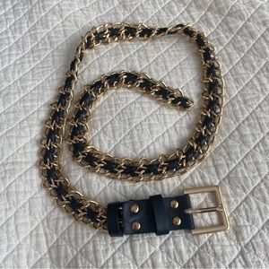 Glam Punk Gold Tone Metal Chain Black Faux Leather Woven Belt Studded Medium